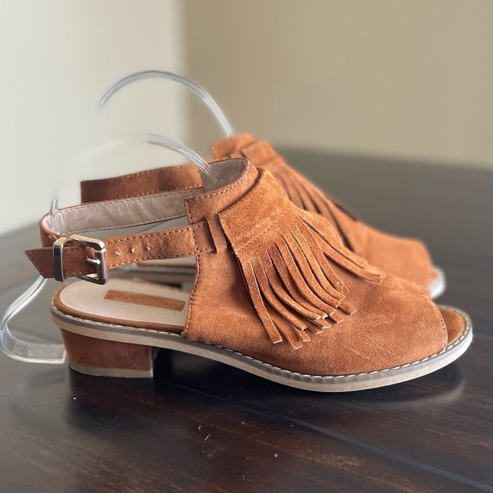 TOPSHOP Faux Suede Boho Fringe Open Peep Toe Heeled Sandals